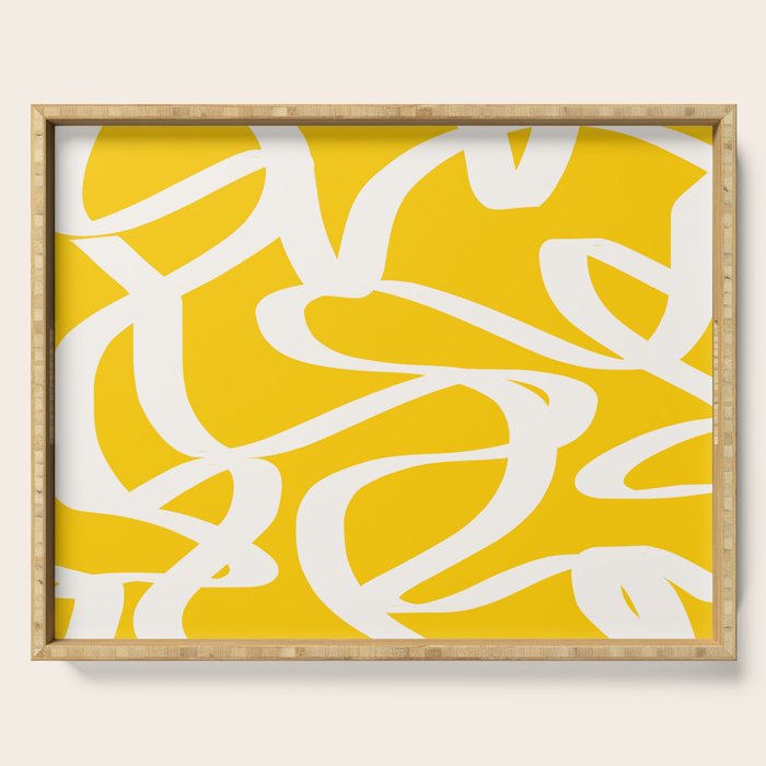 Yellow And White Brush Strokes, Abstract Art, Exhibition Poster, Mid Century Modern Serving Tray Gallery Image 1