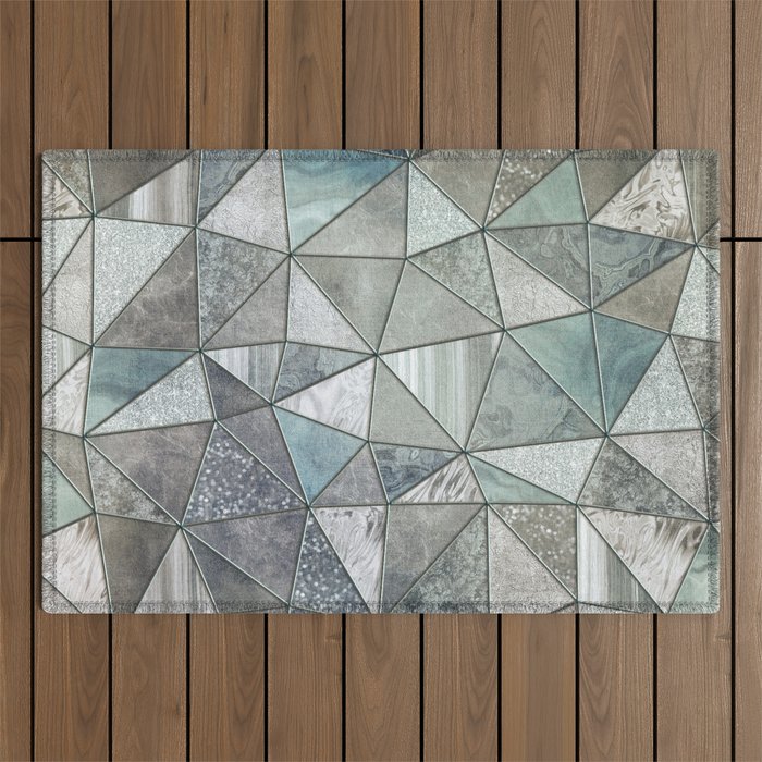 Teal And Grey Triangles Stained Glass Style Outdoor Rug Gallery Image 1