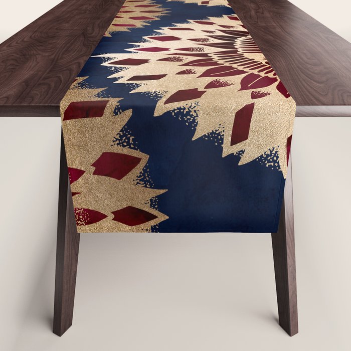 Bohemian Gold Navy Burgundy Hand Drawn Mandala Table Runner Gallery Image 1