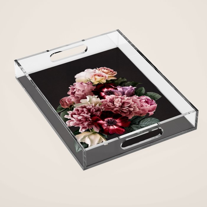 Vintage flowers bouquet. Peony, roses, anemone on dark moody background. Acrylic Tray Gallery Image 1