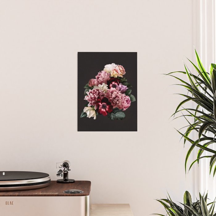 Vintage flowers bouquet. Peony, roses, anemone on dark moody background. Poster Gallery Image 2