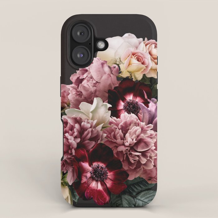 Vintage flowers bouquet. Peony, roses, anemone on dark moody background. iPhone Case Gallery Image 1