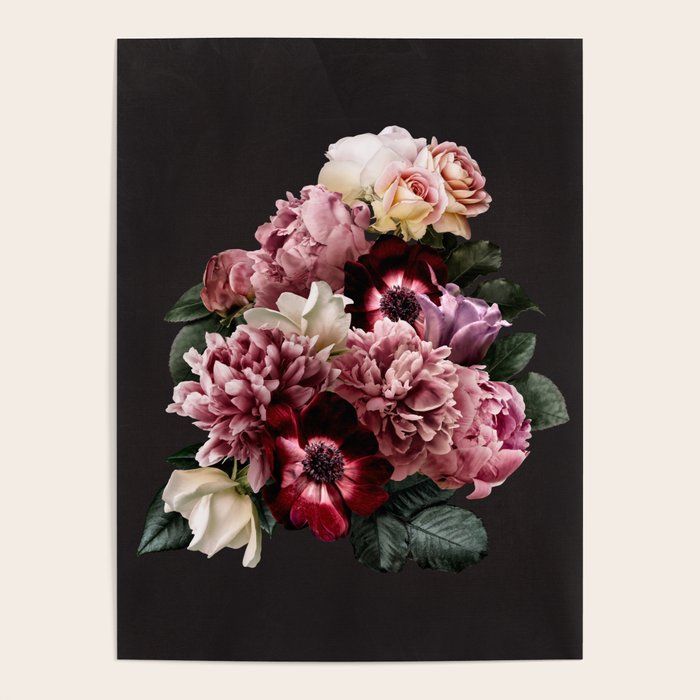 Vintage flowers bouquet. Peony, roses, anemone on dark moody background. Poster Gallery Image 4