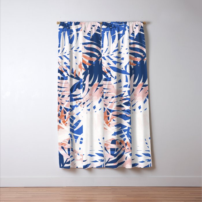 Tropical palms blue and coral Window Curtain Gallery Image 3
