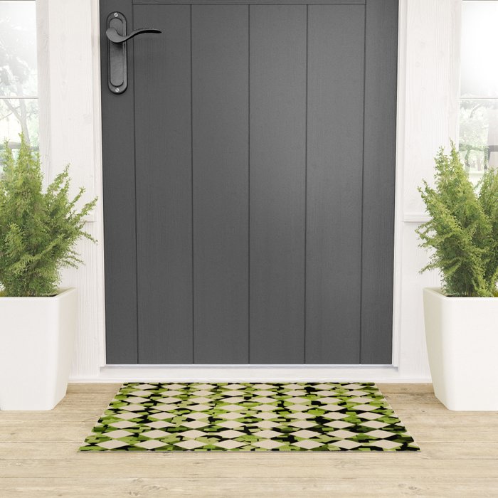 Geometric Checkerboard with Confetti Squares Green Black on Beige Welcome Mat Gallery Image 3