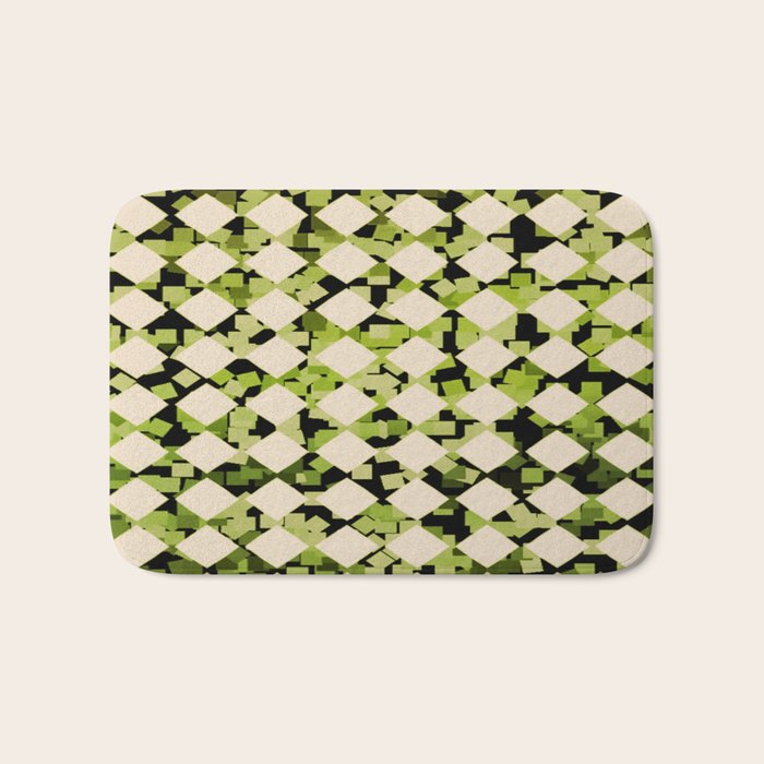 Geometric Checkerboard with Confetti Squares Green Black on Beige Bath Mat Gallery Image 1