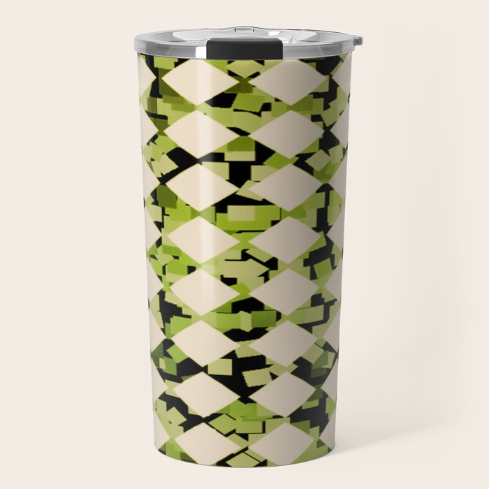 Geometric Checkerboard with Confetti Squares Green Black on Beige Travel Mug Gallery Image 1