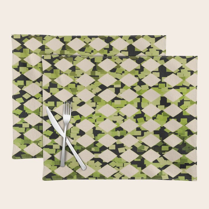 Geometric Checkerboard with Confetti Squares Green Black on Beige Placemat Gallery Image 1