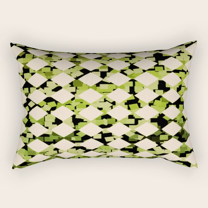 Geometric Checkerboard with Confetti Squares Green Black on Beige Rectangular Pillow Gallery Image 2