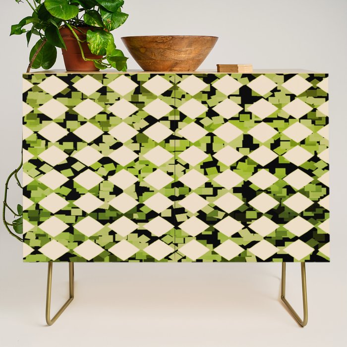 Geometric Checkerboard with Confetti Squares Green Black on Beige Credenza Gallery Image 1