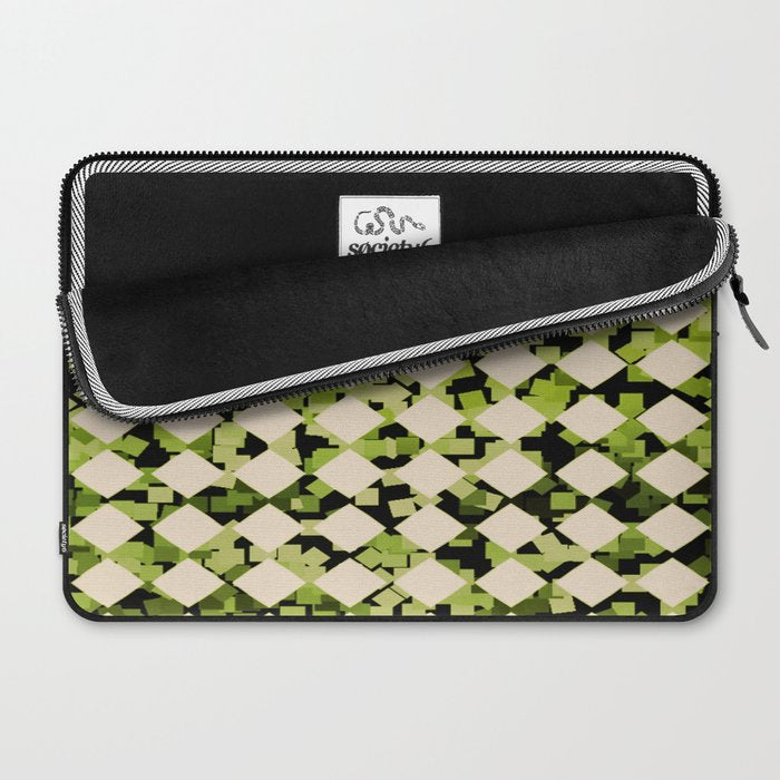 Geometric Checkerboard with Confetti Squares Green Black on Beige Laptop Sleeve Gallery Image 2