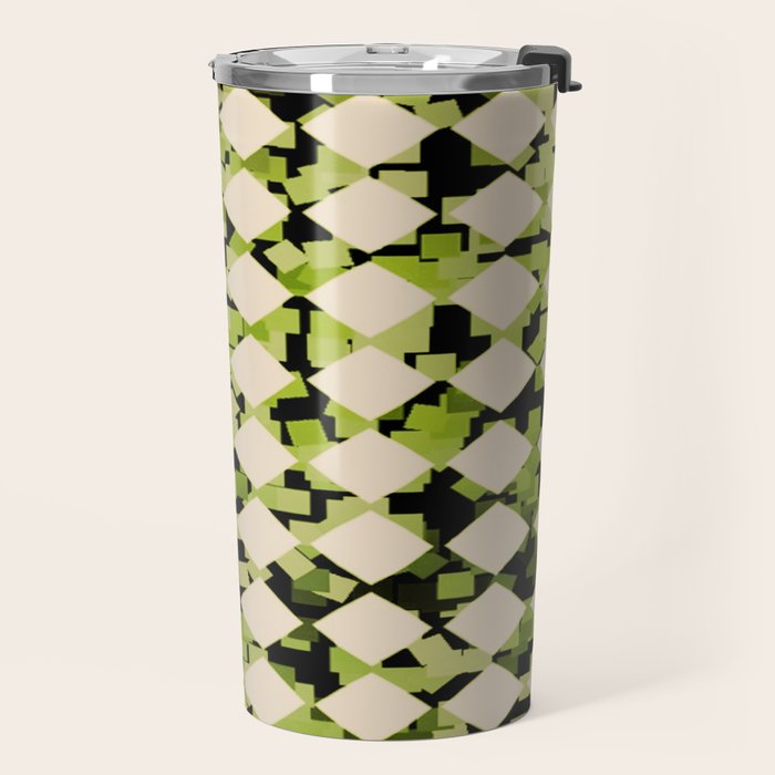 Geometric Checkerboard with Confetti Squares Green Black on Beige Travel Mug Gallery Image 2