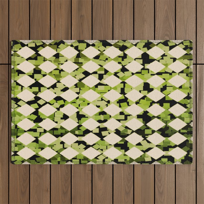 Geometric Checkerboard with Confetti Squares Green Black on Beige Outdoor Rug Gallery Image 1