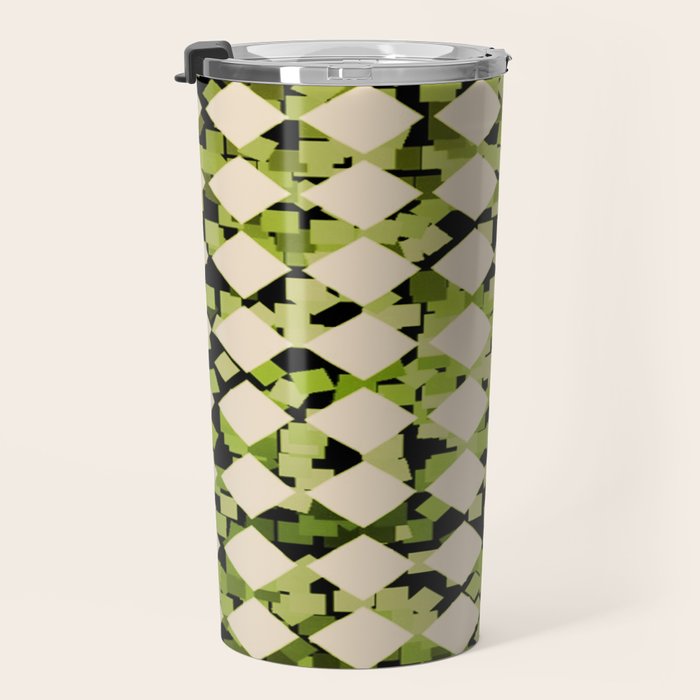 Geometric Checkerboard with Confetti Squares Green Black on Beige Travel Mug Gallery Image 3