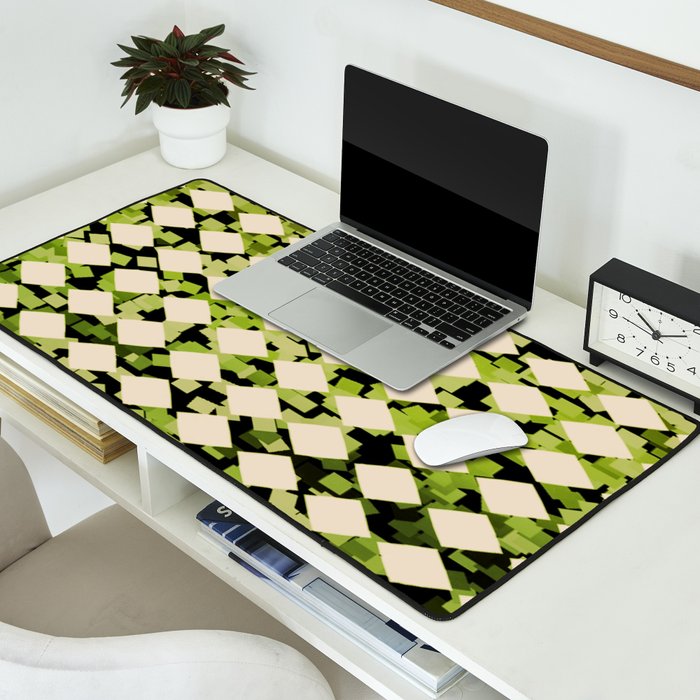 Geometric Checkerboard with Confetti Squares Green Black on Beige Desk Mat Gallery Image 2