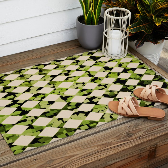Geometric Checkerboard with Confetti Squares Green Black on Beige Outdoor Rug Gallery Image 2