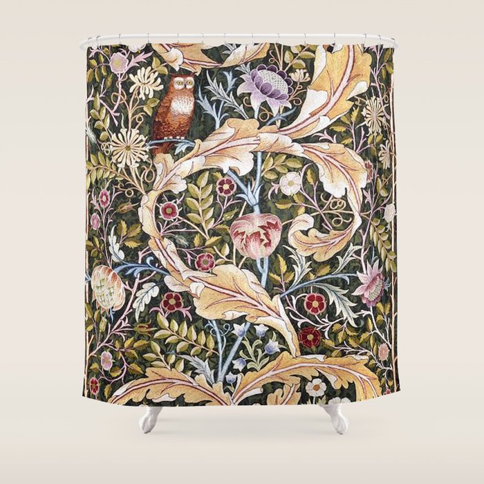 William Morris Vintage Owl Forest Shower Curtain Gallery Image 1
