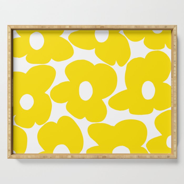 Large Yellow Retro Flowers on White Background #decor #society6 #buyart Serving Tray Gallery Image 1
