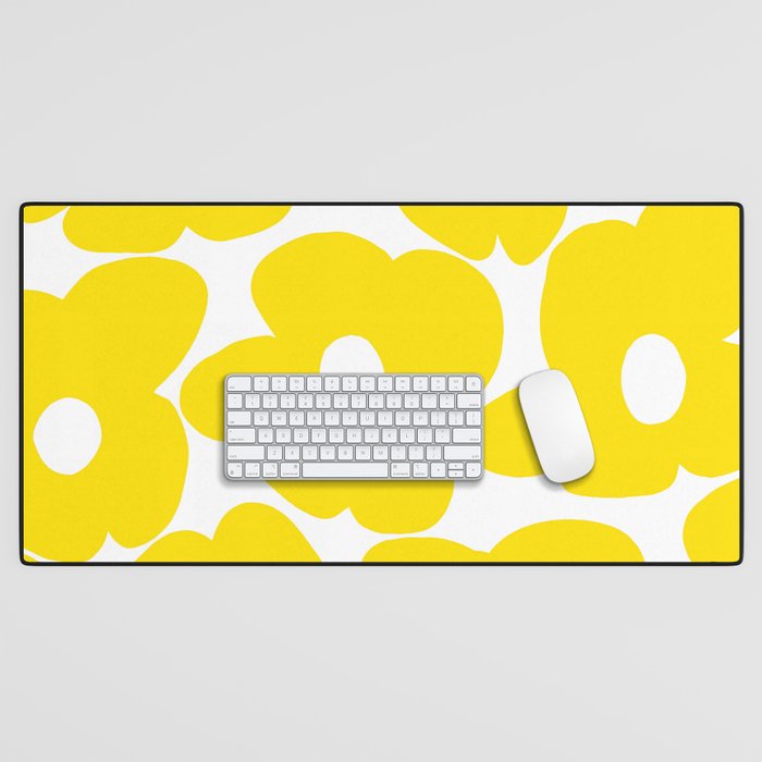 Large Yellow Retro Flowers on White Background #decor #society6 #buyart Desk Mat Gallery Image 1