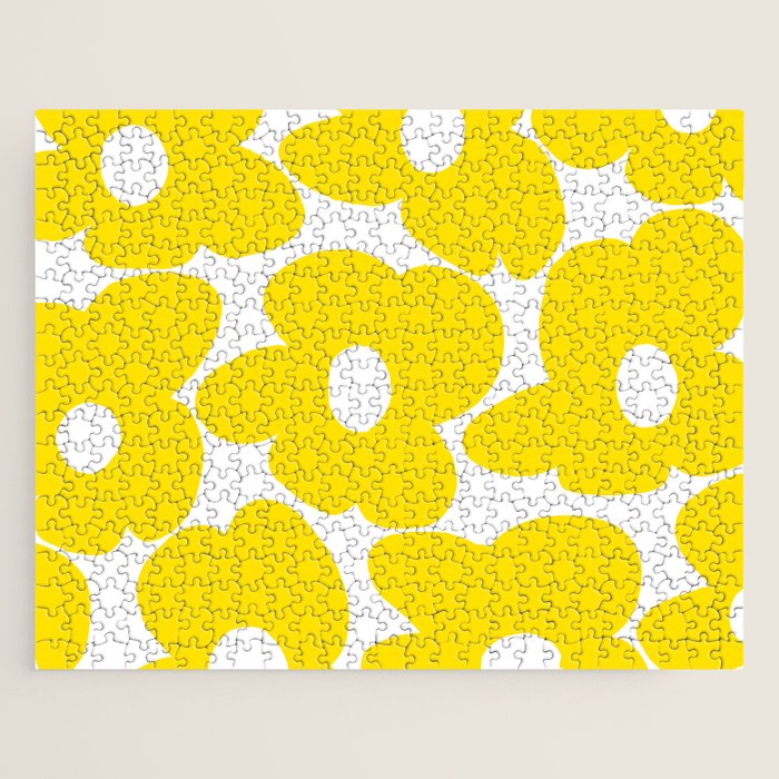 Large Yellow Retro Flowers on White Background #decor #society6 #buyart Jigsaw Puzzle Gallery Image 1