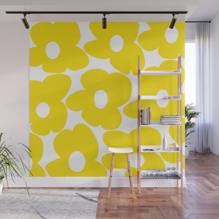 Large Yellow Retro Flowers on White Background #decor #society6 #buyart Wall Mural Gallery Image 1