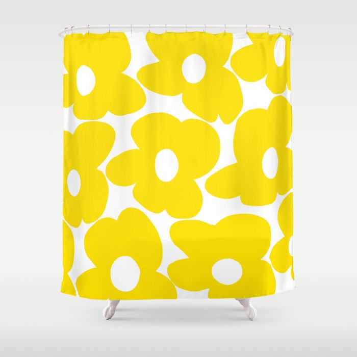 Large Yellow Retro Flowers on White Background #decor #society6 #buyart Shower Curtain Gallery Image 1
