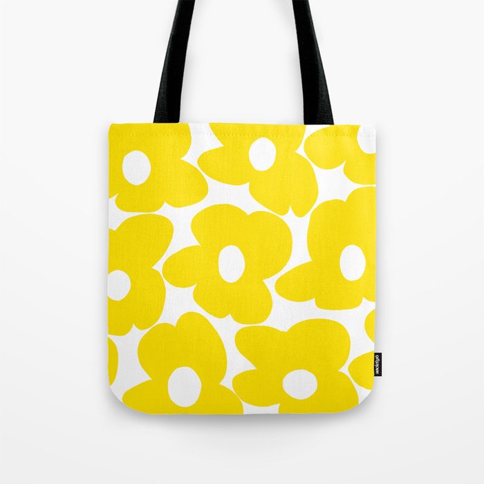 Large Yellow Retro Flowers on White Background #decor #society6 #buyart Tote Bag Gallery Image 1
