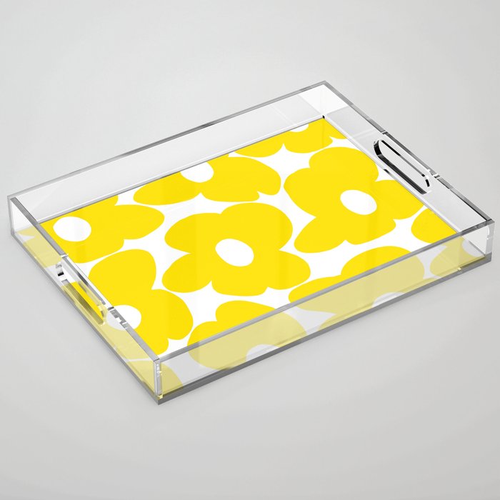 Large Yellow Retro Flowers on White Background #decor #society6 #buyart Acrylic Tray Gallery Image 1