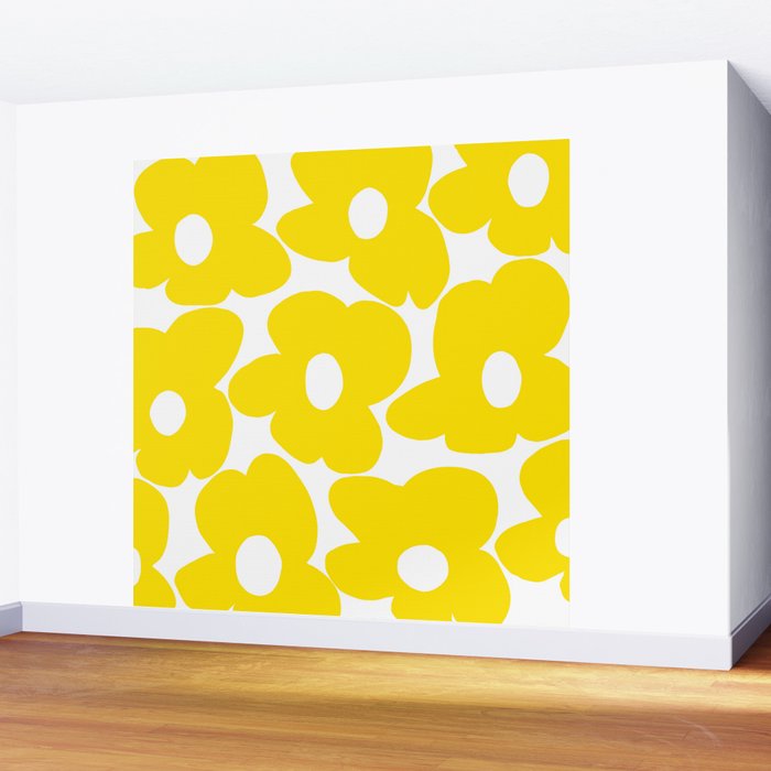Large Yellow Retro Flowers on White Background #decor #society6 #buyart Wall Mural Gallery Image 2