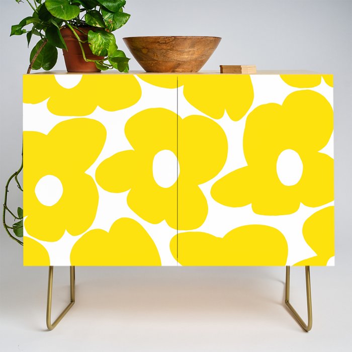 Large Yellow Retro Flowers on White Background #decor #society6 #buyart Credenza Gallery Image 1