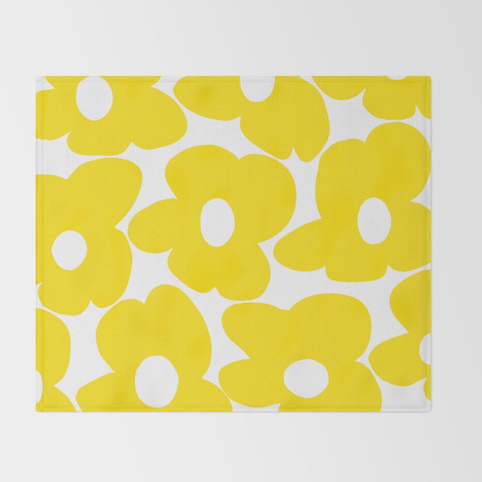 Large Yellow Retro Flowers on White Background #decor #society6 #buyart Throw Blanket Gallery Image 2
