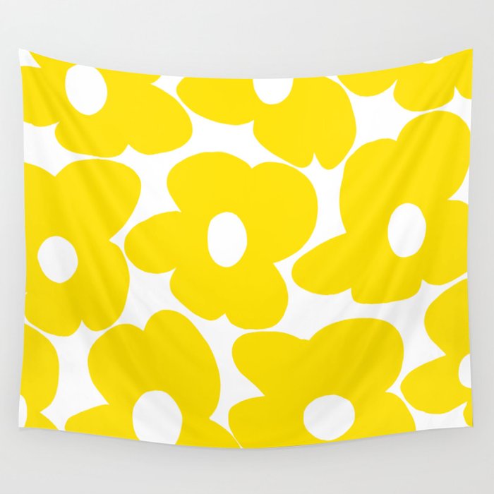 Large Yellow Retro Flowers on White Background #decor #society6 #buyart Wall Tapestry Gallery Image 4