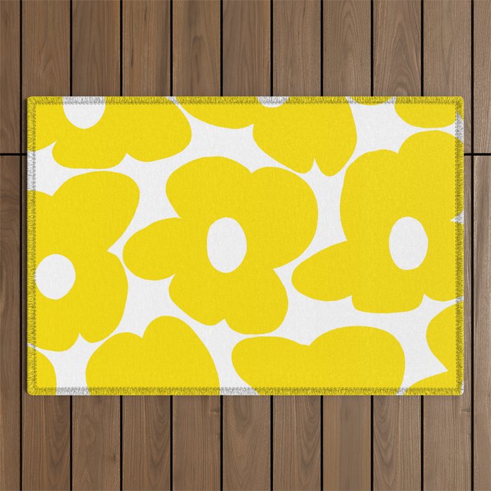 Large Yellow Retro Flowers on White Background #decor #society6 #buyart Outdoor Rug Gallery Image 1