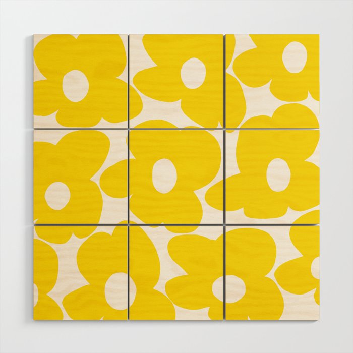 Large Yellow Retro Flowers on White Background #decor #society6 #buyart Wood Wall Art Gallery Image 1