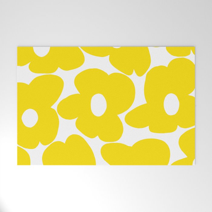 Large Yellow Retro Flowers on White Background #decor #society6 #buyart Welcome Mat Gallery Image 1