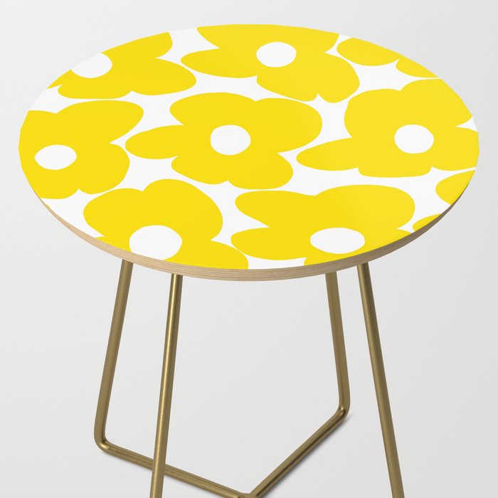 Large Yellow Retro Flowers on White Background #decor #society6 #buyart Side Table Gallery Image 2
