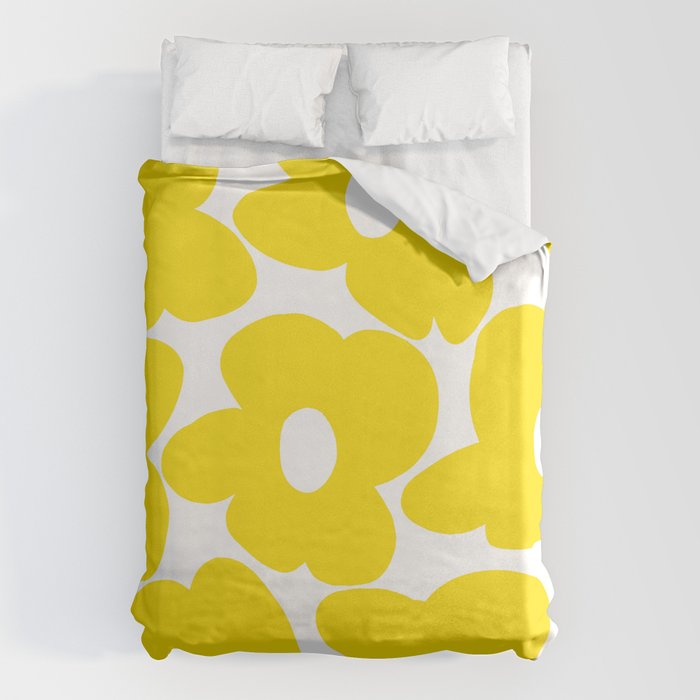 Large Yellow Retro Flowers on White Background #decor #society6 #buyart Duvet Cover Gallery Image 6