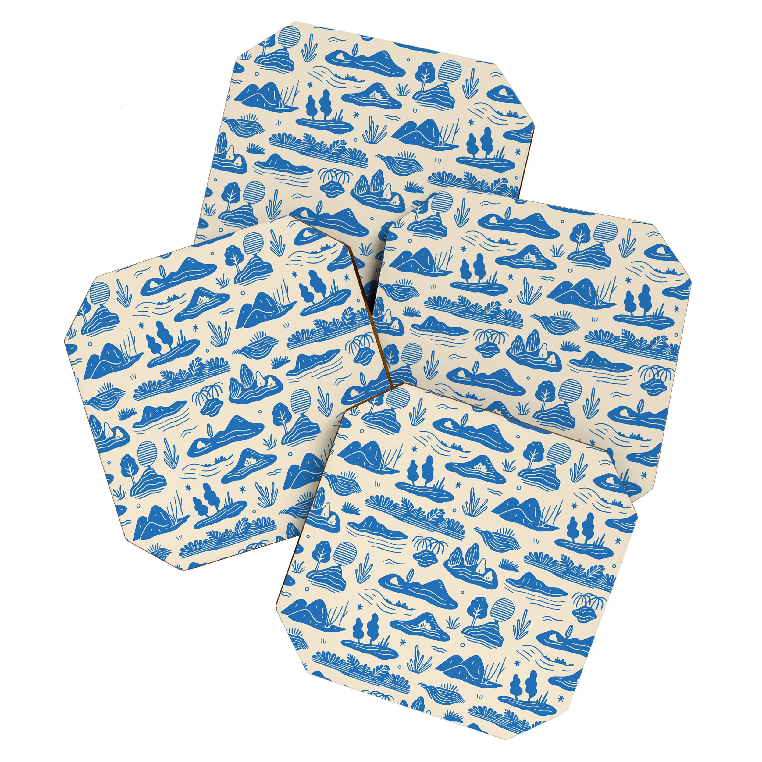 Abstract blue nature landscape doodle pattern Coaster Gallery Image 1