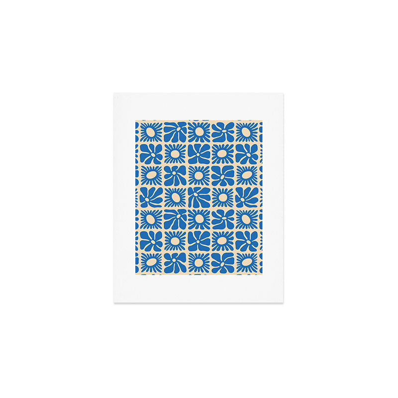 Abstract blue retro flower art pattern Art Print Gallery Image 1