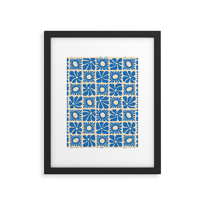 Abstract blue retro flower art pattern Framed Art Print Gallery Image 1