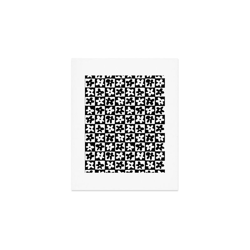Black and white checkered floral pattern art Art Print Gallery Image 1