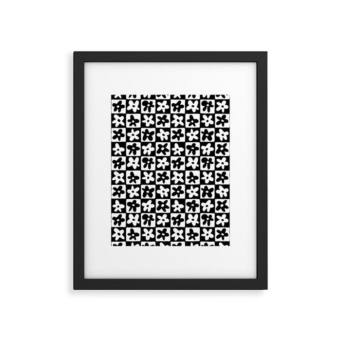 Black and white checkered floral pattern art Framed Art Print Gallery Image 1