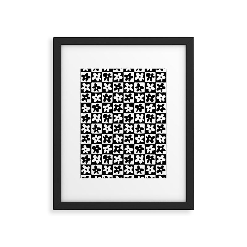 Black and white checkered floral pattern art Framed Art Print Gallery Image 6