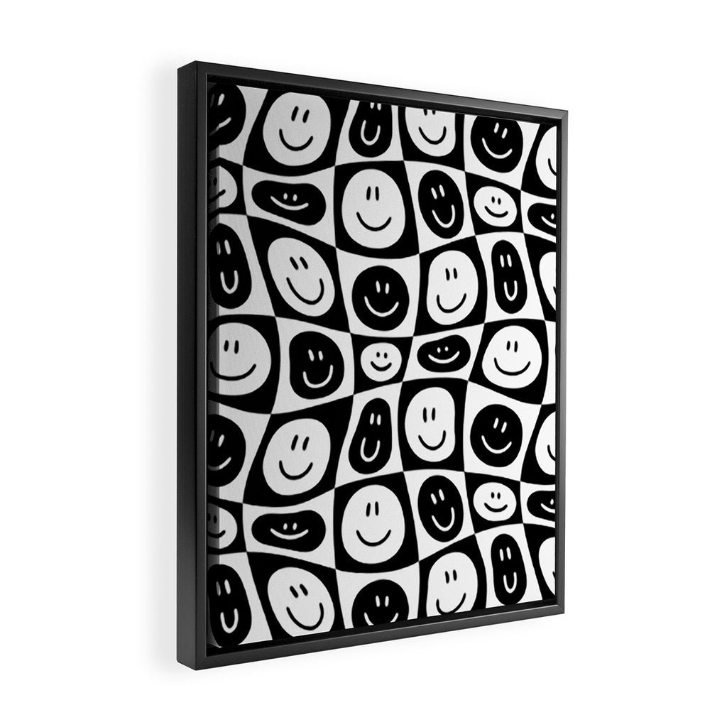 Black and white checkered happy face pattern Framed Canvas Print Gallery Image 2
