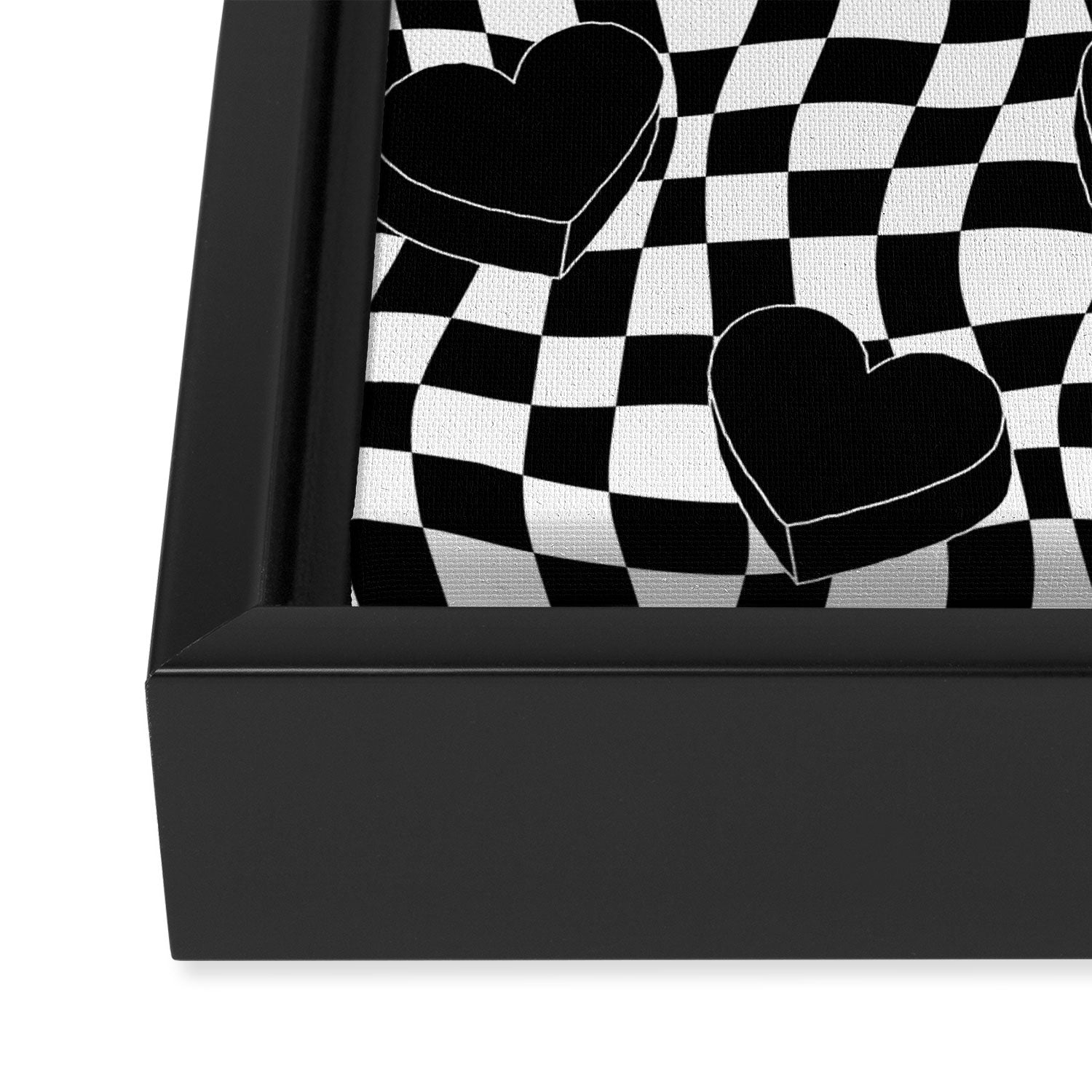 Black and white checkered love heart pattern Framed Canvas Print Gallery Image 3