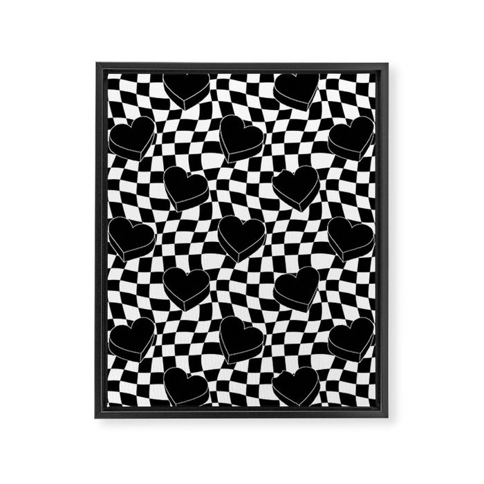 Black and white checkered love heart pattern Framed Canvas Print Gallery Image 1