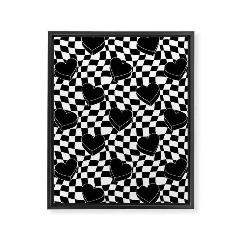Black and white checkered love heart pattern Framed Canvas Print Gallery Image 8
