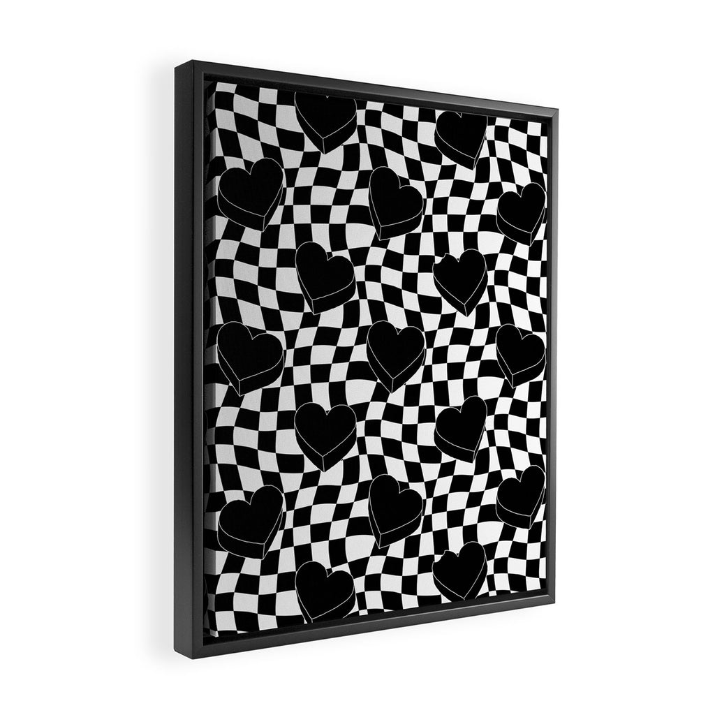 Black and white checkered love heart pattern Framed Canvas Print Gallery Image 2