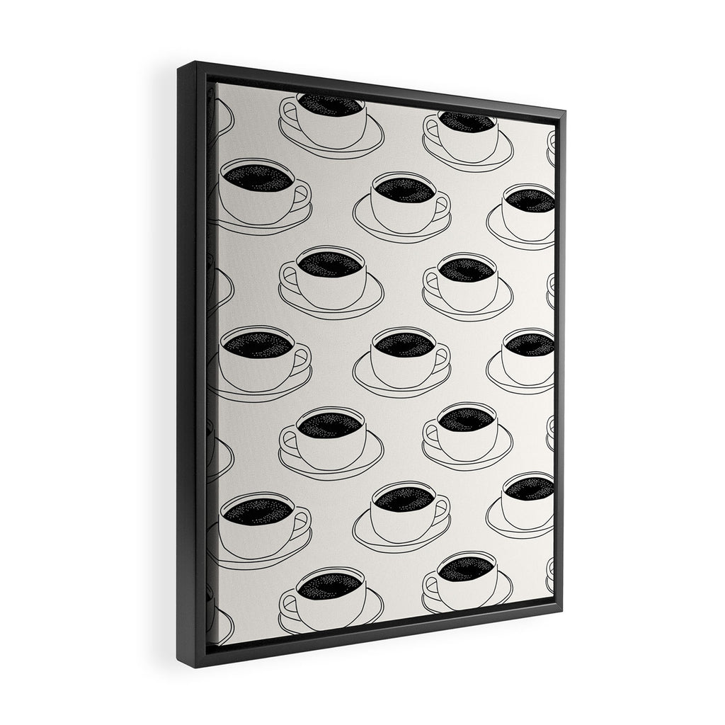 Black and white coffee drink mug doodle pattern Framed Canvas Print Gallery Image 2