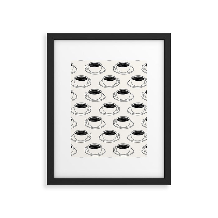 Black and white coffee drink mug doodle pattern Framed Art Print Gallery Image 1